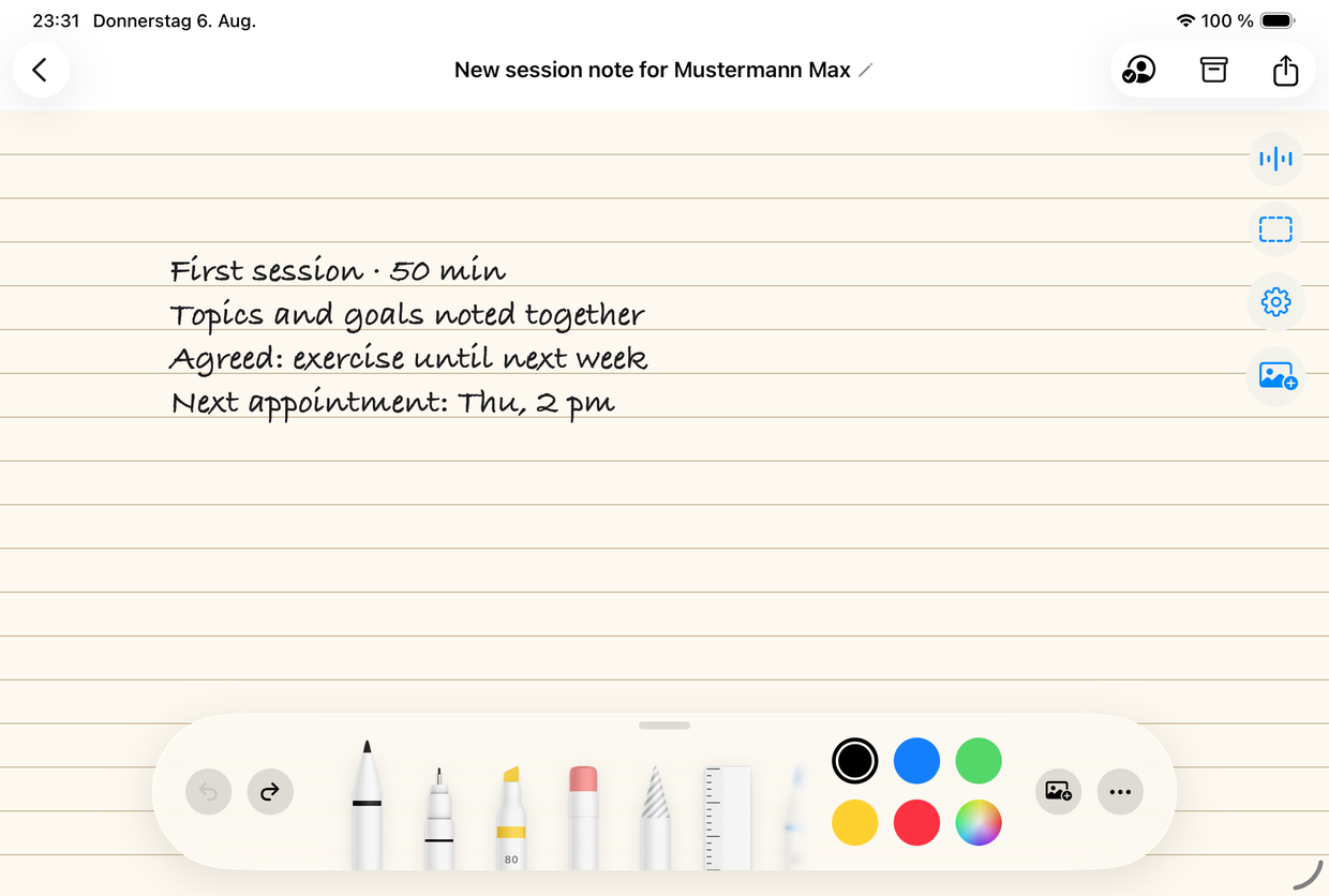 Handwritten session note on iPad