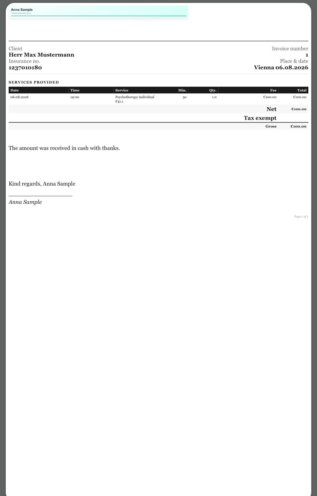 Finished invoice as PDF, ready to send