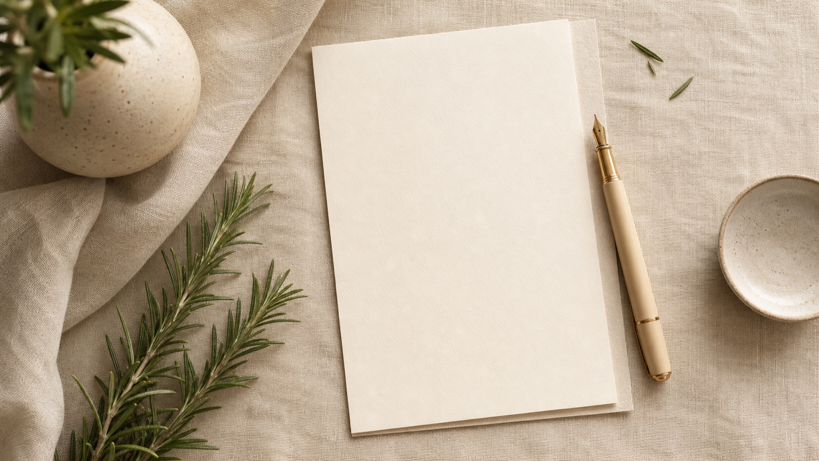 Calm flatlay with blank paper, fountain pen and rosemary for clear invoice requirements